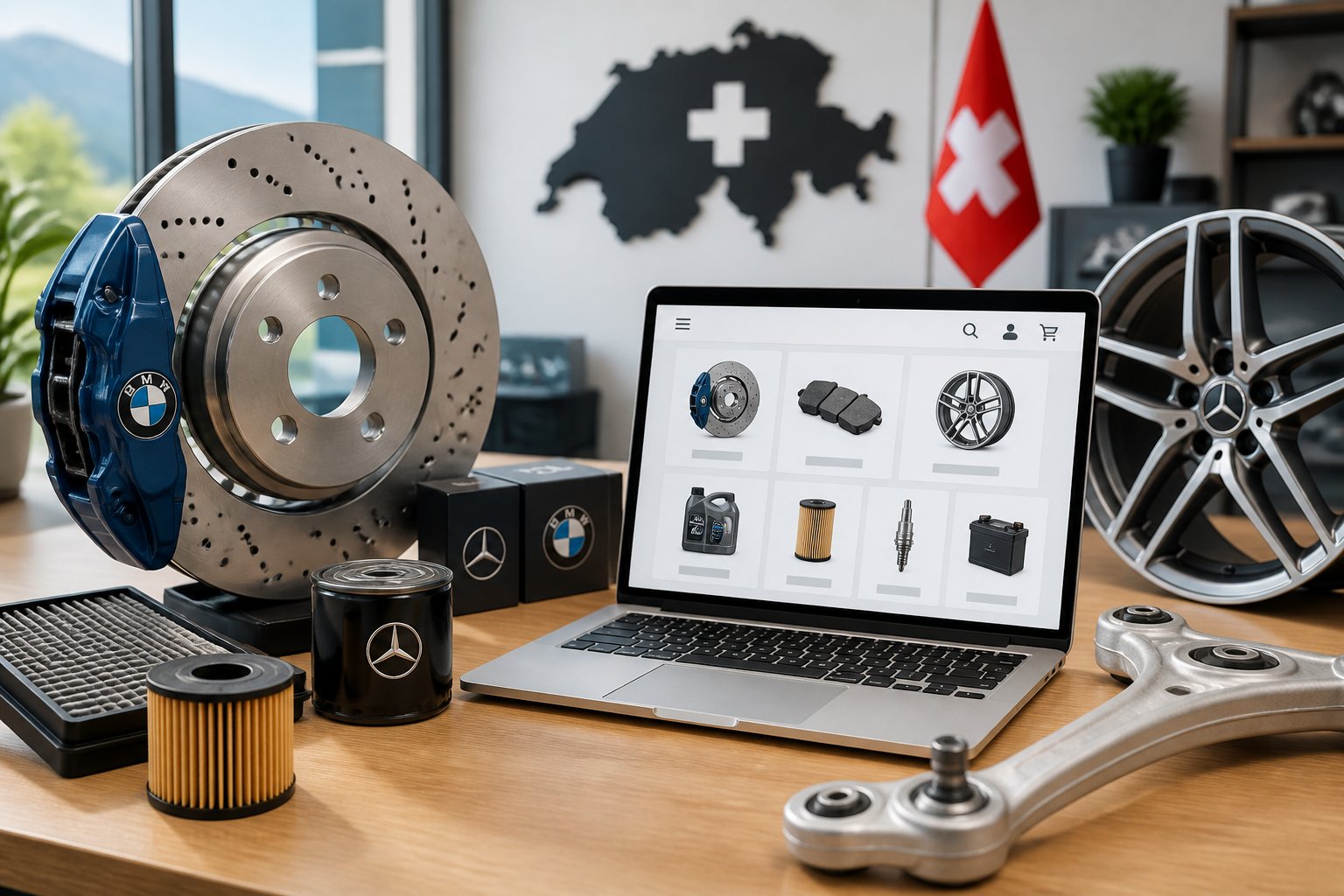 A workspace with BMW and Mercedes car parts arranged on a desk, a laptop showing an online shop, and subtle Swiss-themed elements in the background.