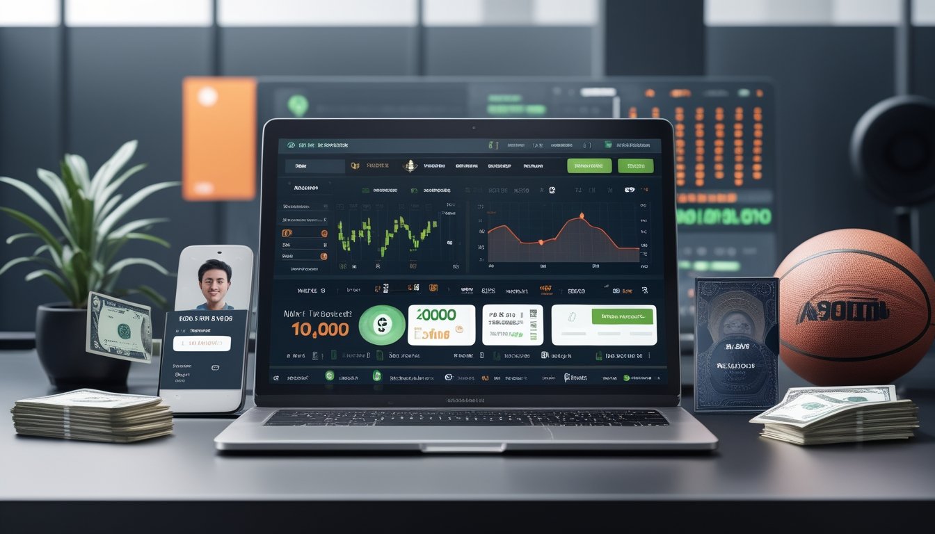 Meja kerja modern dengan laptop menampilkan situs taruhan olahraga, ponsel dengan aplikasi perbankan, kartu kredit, dan uang rupiah, dikelilingi oleh bola olahraga dan jam digital.