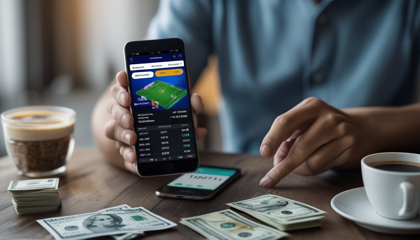 Tangan memegang ponsel Android menampilkan aplikasi taruhan bola, dengan ponsel iPhone dan uang rupiah di meja kayu di latar belakang.