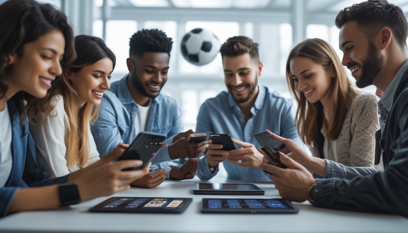 Sekelompok orang muda menggunakan ponsel untuk bertaruh bola di aplikasi mobile dengan latar belakang suasana yang cerah dan modern.