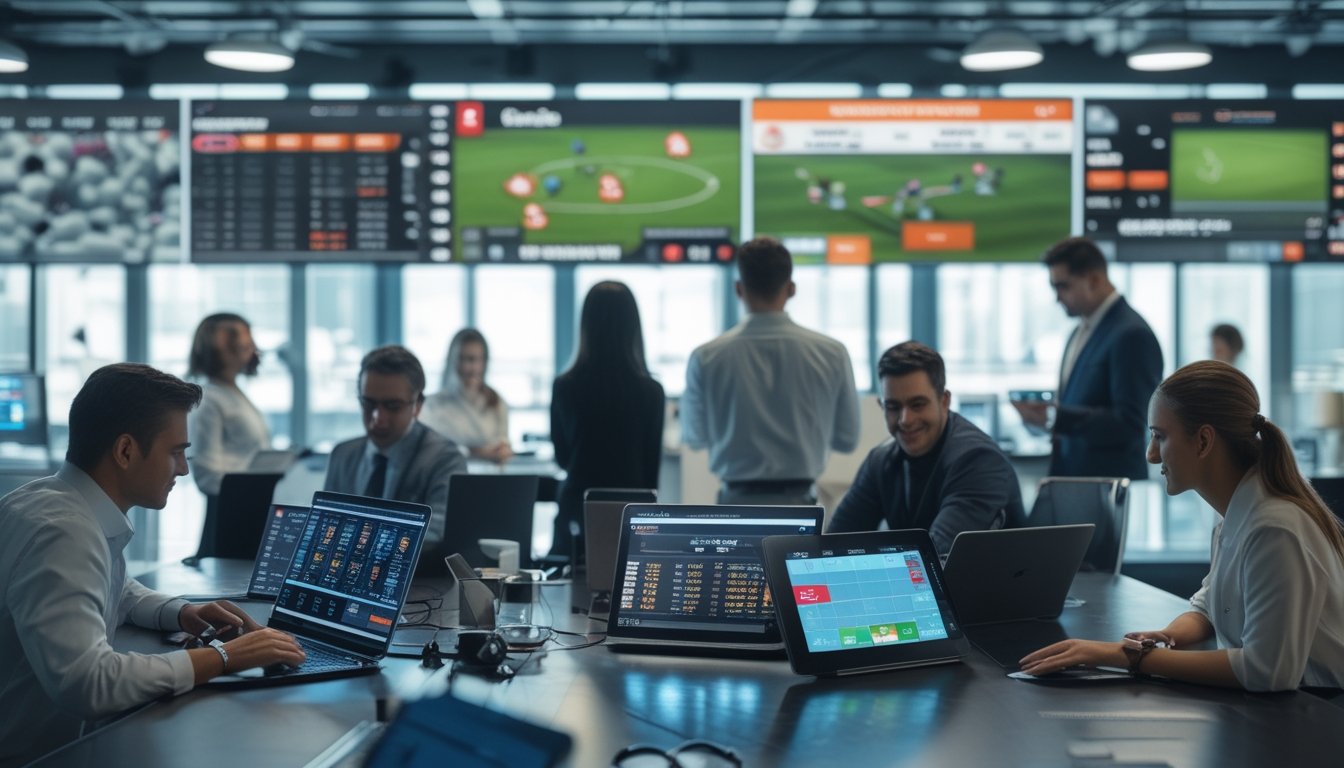 Beberapa orang menggunakan perangkat digital untuk memasang taruhan olahraga dengan layar menampilkan pertandingan sepak bola, bola basket, dan tenis.