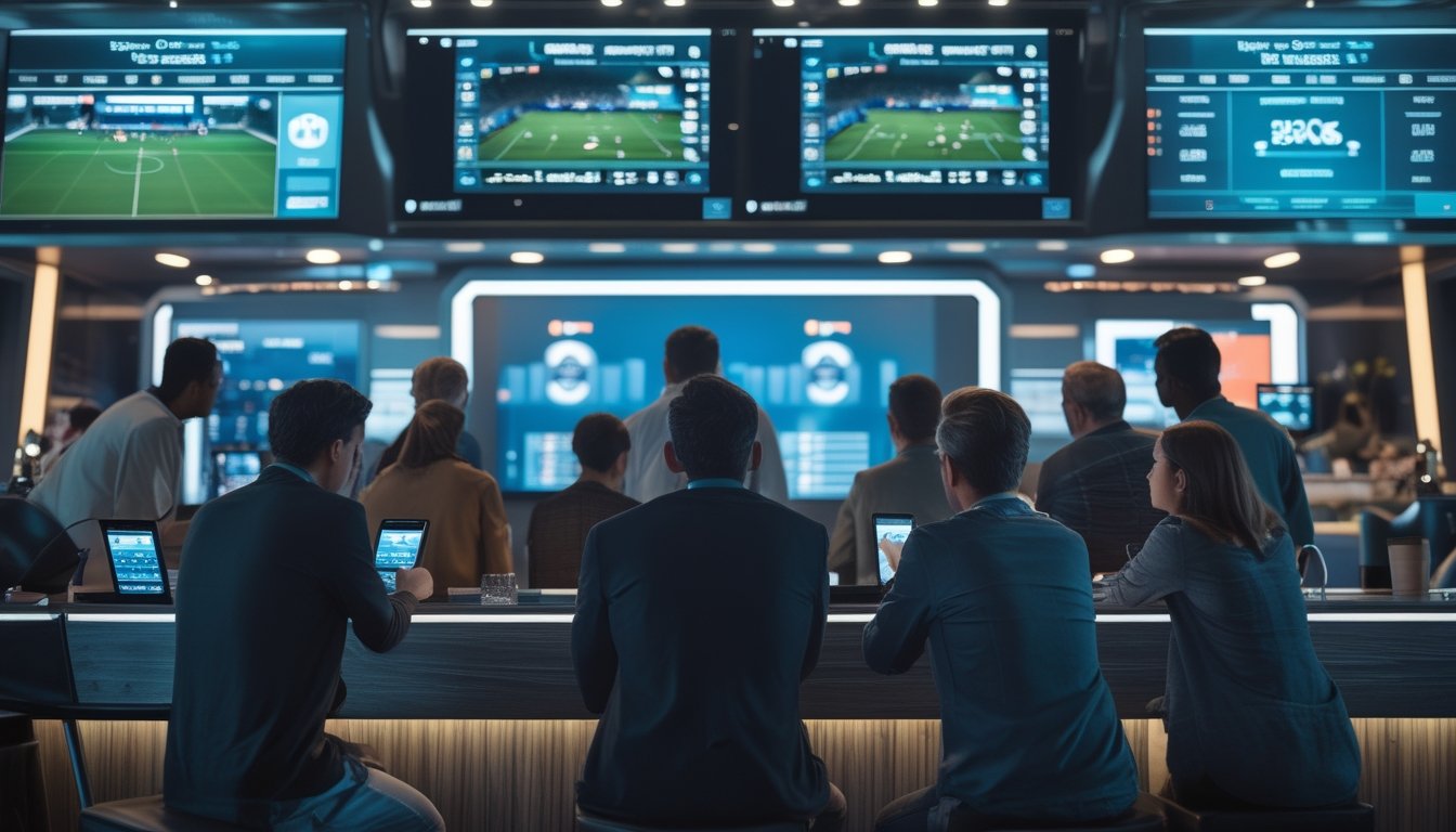 Sekelompok orang menonton pertandingan sepak bola langsung dan memasang taruhan olahraga menggunakan perangkat digital di sebuah ruang taruhan modern.