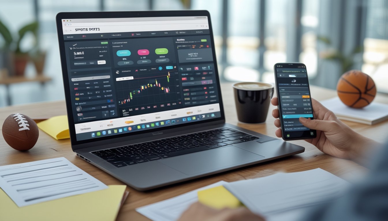 Meja kerja dengan laptop yang menampilkan situs taruhan olahraga online, smartphone dengan skor pertandingan, dan bola olahraga di sekitar meja.