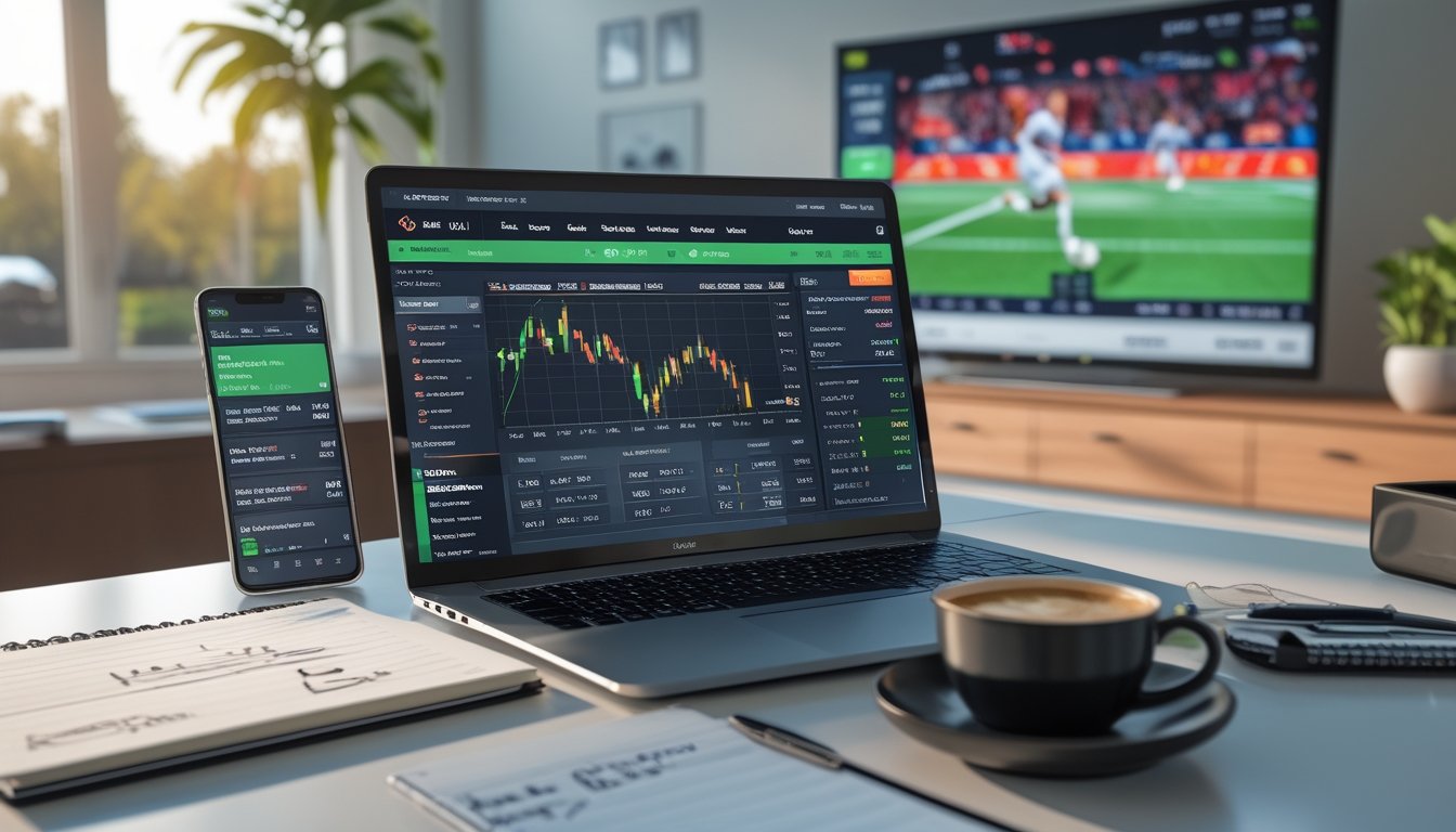 Meja kerja dengan laptop menampilkan situs taruhan olahraga, ponsel dengan skor pertandingan, catatan strategi, dan televisi yang menayangkan pertandingan olahraga.