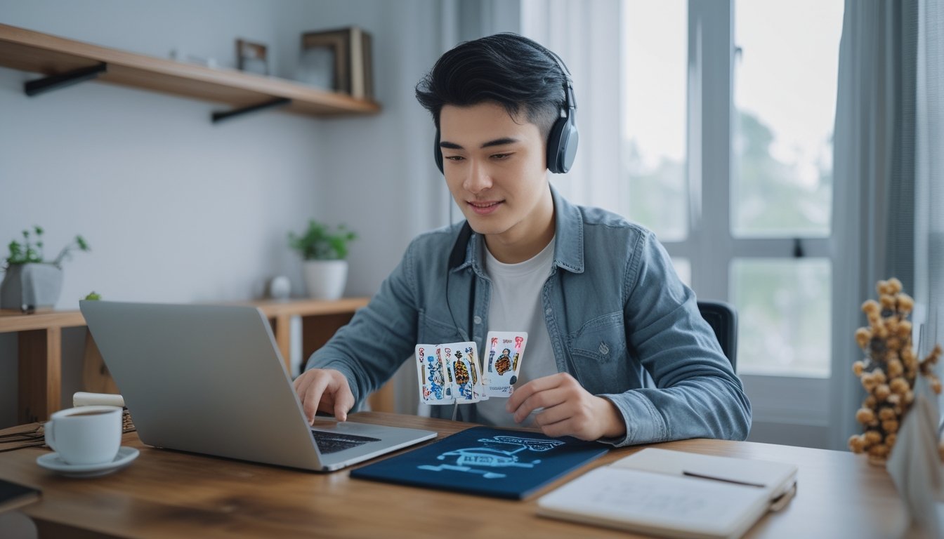 Seorang dewasa muda sedang fokus bermain permainan kartu online di laptop di ruang kerja rumah yang terang dan rapi.