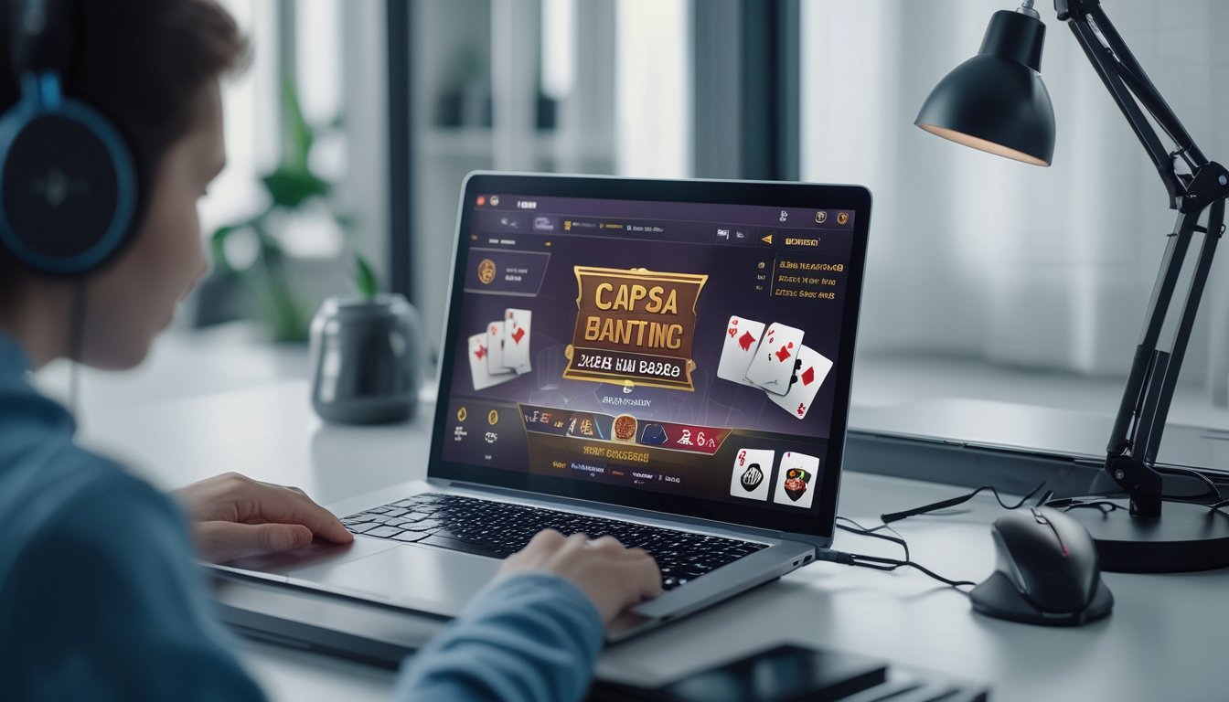 Seseorang sedang bermain permainan kartu Capsa Banting secara online menggunakan laptop di meja kerja yang rapi.