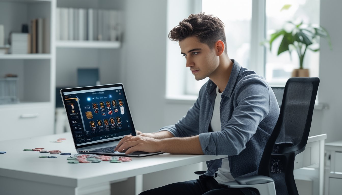 Seorang pria muda duduk di meja dengan laptop dan kartu remi, fokus bermain permainan kartu di ruangan terang.