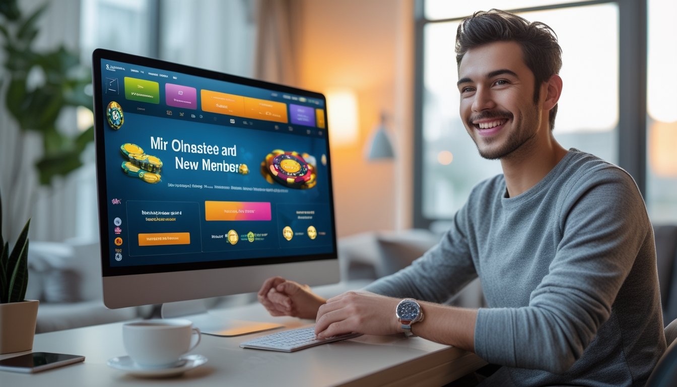 Seorang dewasa muda sedang menggunakan laptop di meja dengan tampilan situs judi online yang penuh warna, terlihat senang dan puas, di ruangan modern dan nyaman.
