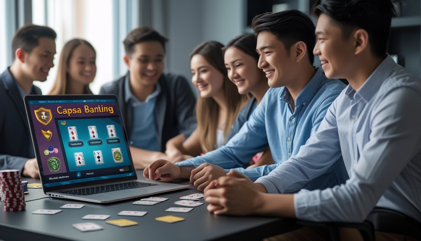 Sekelompok orang muda sedang bermain permainan kartu Capsa Banting secara online di laptop dengan suasana yang ceria dan profesional.