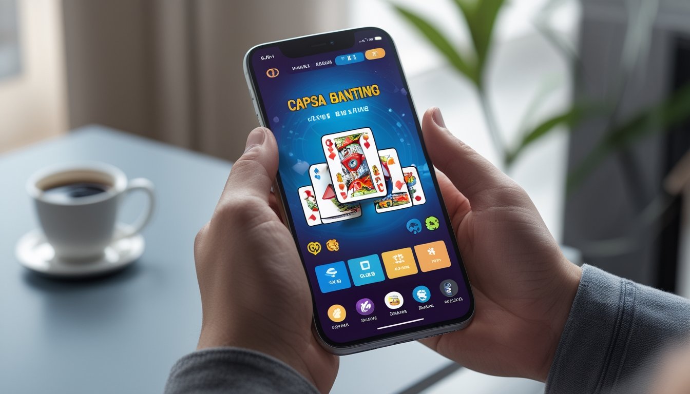 Seseorang memegang ponsel yang menampilkan permainan kartu digital Capsa Banting dengan latar dalam ruangan yang terang.