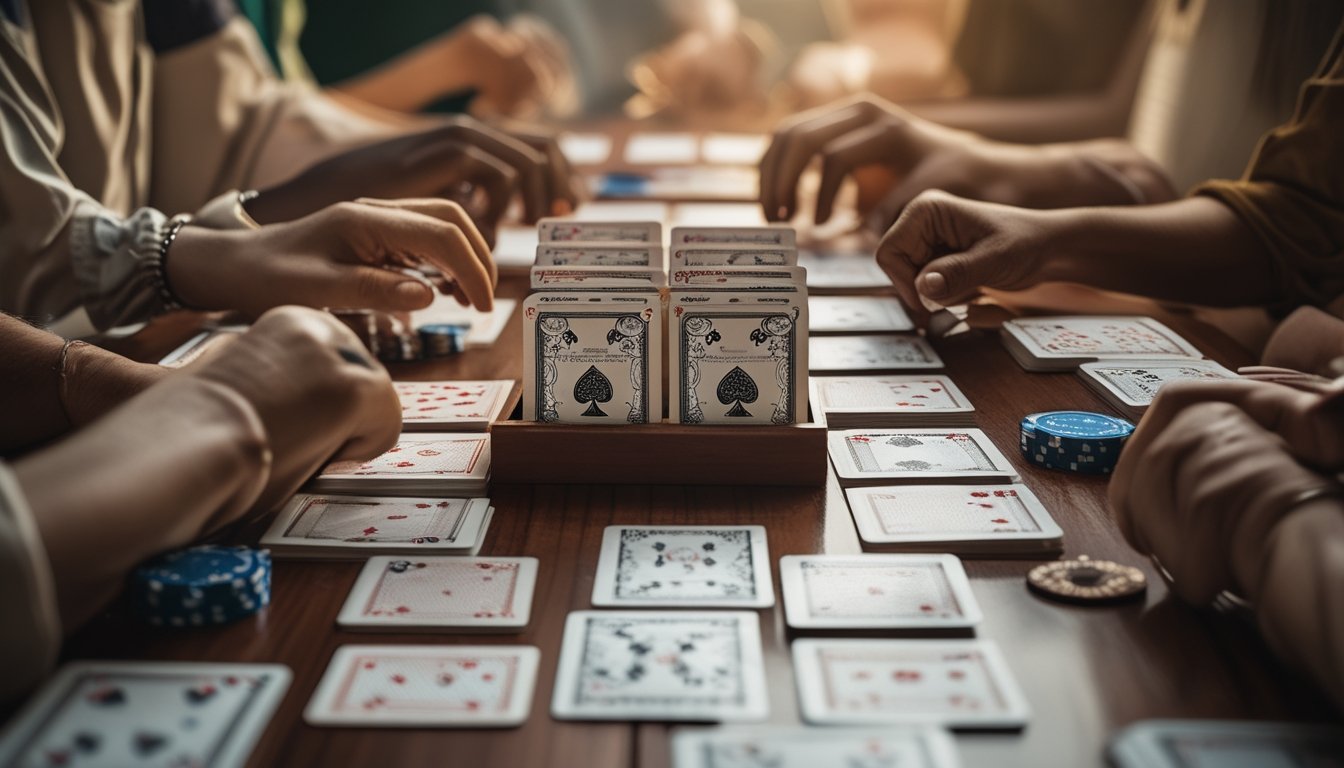 Beberapa orang sedang bermain kartu Capsa Banting di meja kayu dengan kartu yang tersusun rapi dan suasana serius.