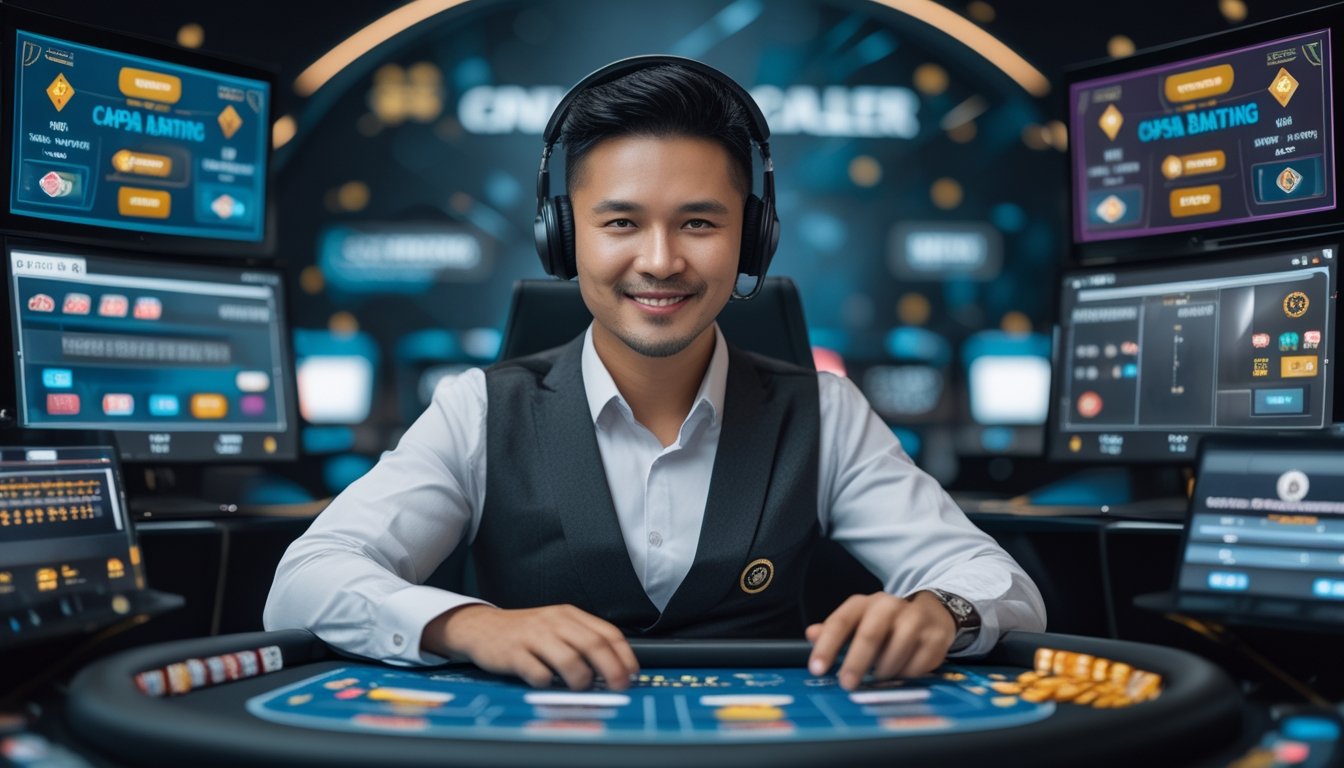 Seorang dealer permainan kartu online yang percaya diri di depan layar komputer dengan tampilan permainan Capsa Banting dan elemen taruhan digital di sekitarnya.