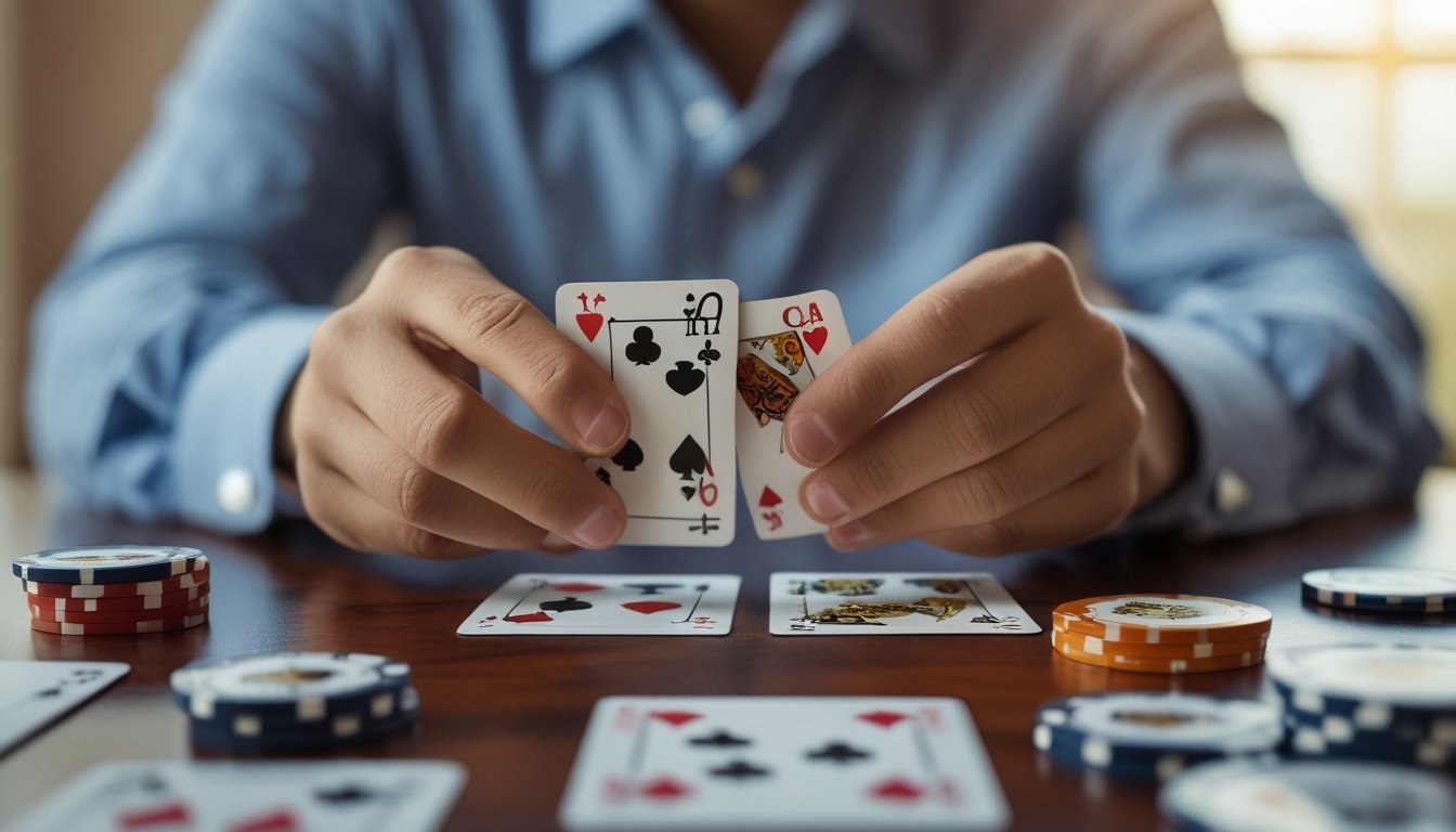 Seseorang sedang bermain Capsa Banting dengan fokus di meja kayu, memperlihatkan kartu dan chip poker.