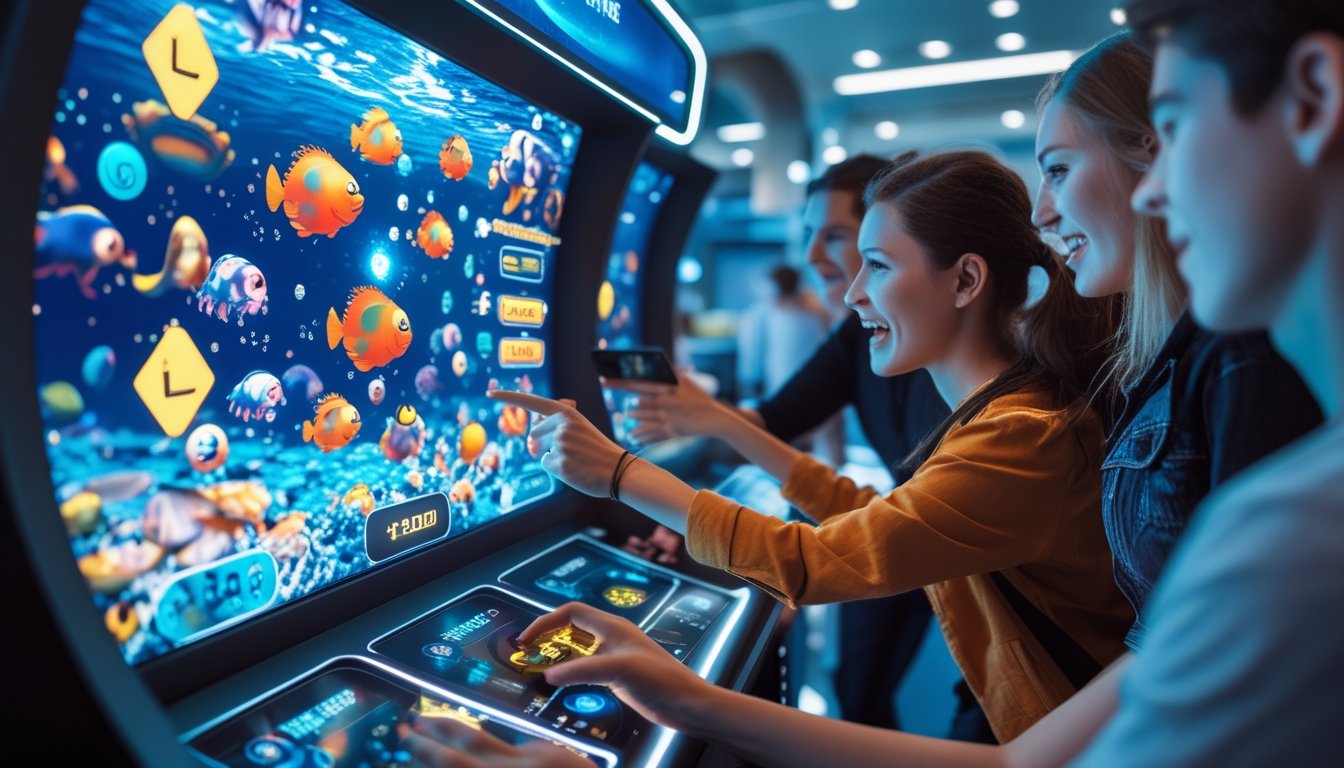 Beberapa orang muda bermain permainan tembak ikan digital dengan latar bawah laut dan ikon power-up yang berwarna-warni.