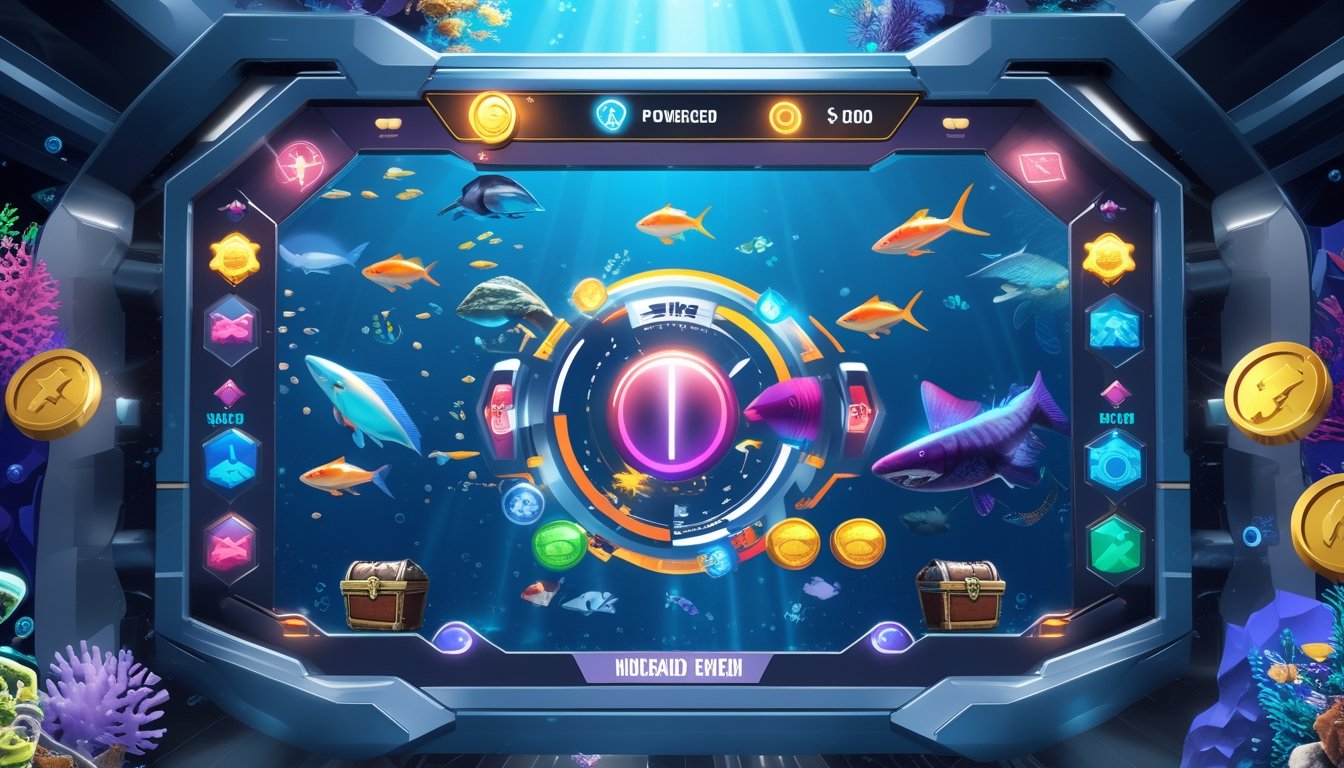 Antarmuka permainan tembak ikan online dengan ikan berwarna-warni, senjata canggih, dan tombol power-up di latar laut biru.