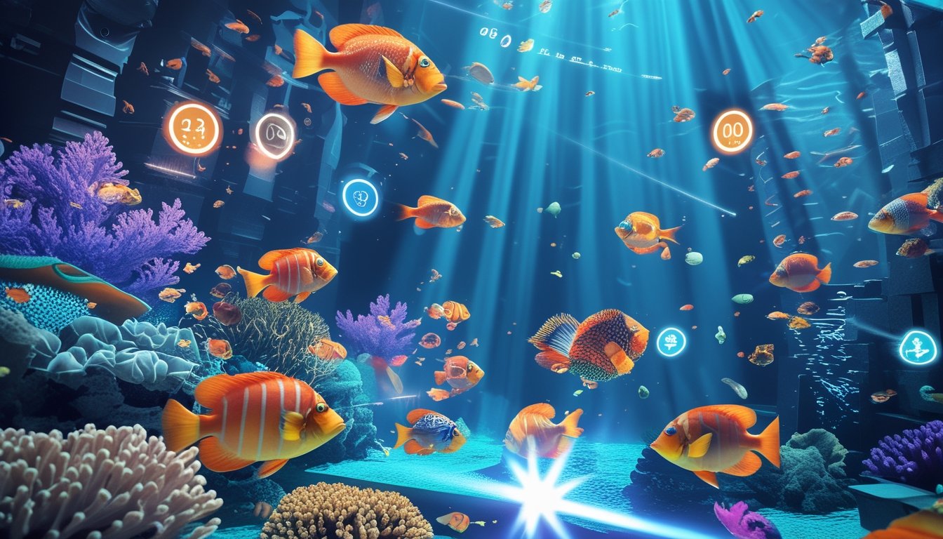 Pemandangan bawah laut dengan ikan warna-warni, terumbu karang, dan elemen permainan tembak ikan online yang menunjukkan kekuatan senjata dan bonus melimpah.