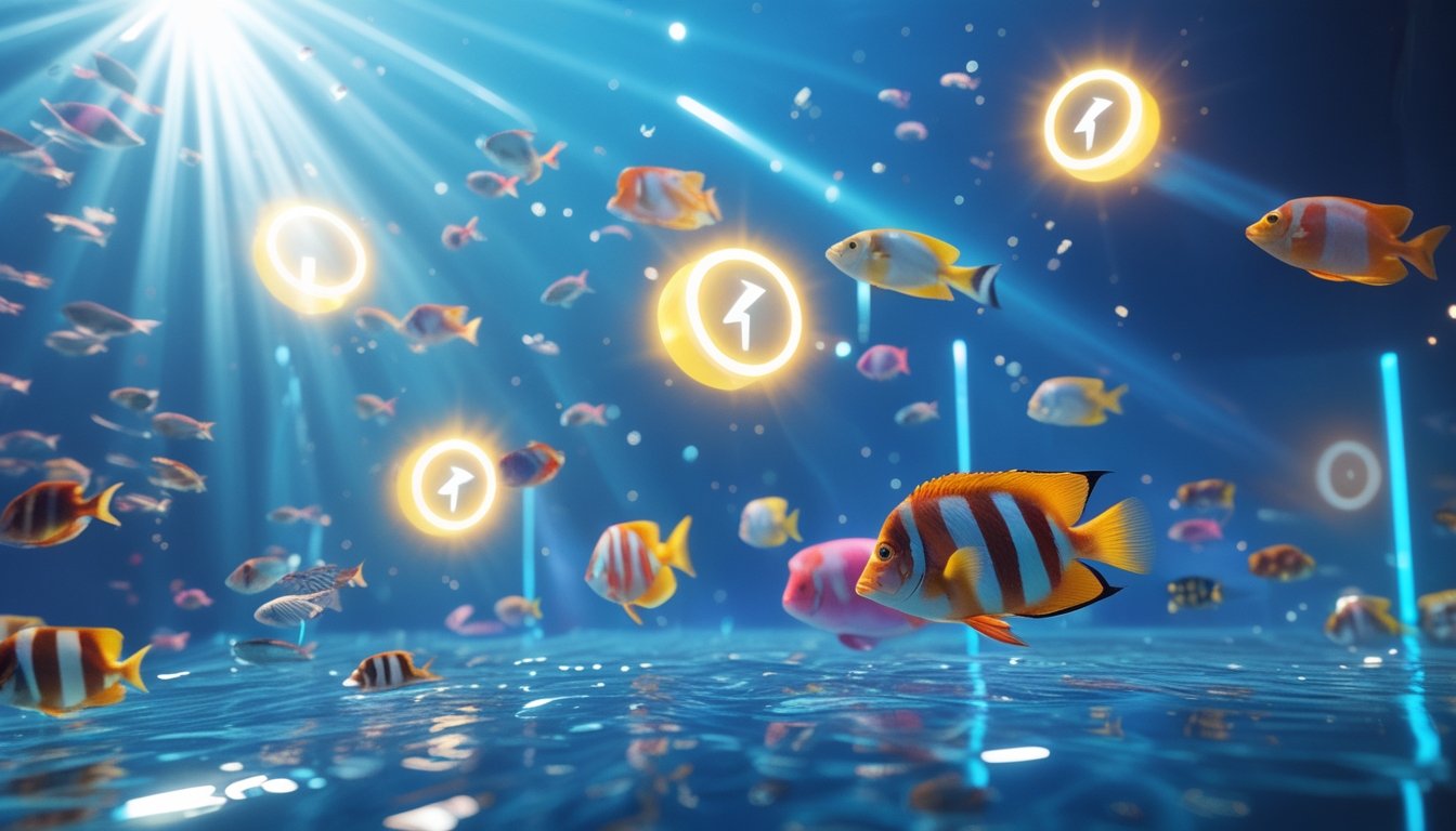 Pemandangan bawah laut dengan ikan tropis berwarna-warni berenang di sekitar ikon power-up yang bersinar.