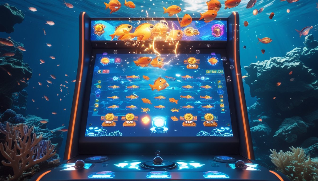 Sebuah mesin permainan arcade modern dengan layar menampilkan ikan berwarna-warni dan efek cahaya di latar bawah laut.