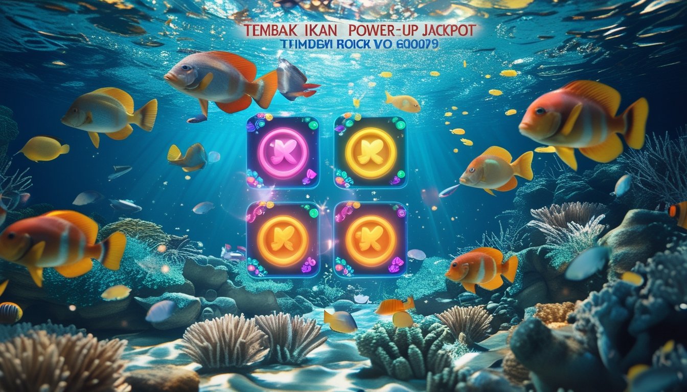Pemandangan bawah laut dengan ikan tropis berwarna-warni berenang di sekitar terumbu karang yang detail, dengan cahaya matahari menembus air dan efek cahaya dari simbol power-up dan jackpot.