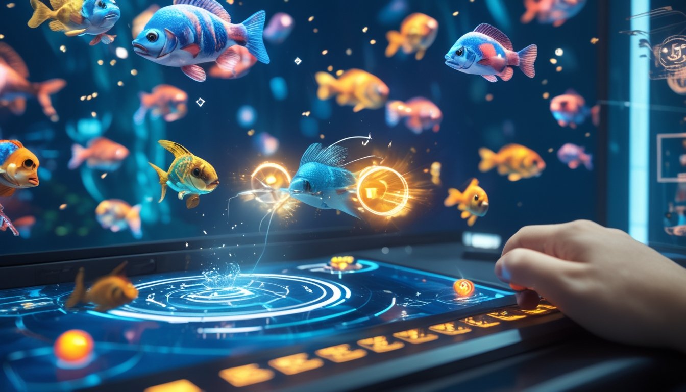 Adegan permainan tembak ikan dengan ikan berwarna-warni di bawah air dan tangan pemain yang mengoperasikan kontrol layar sentuh.