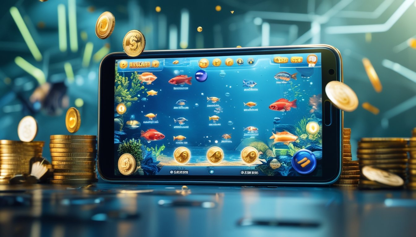 Seseorang memegang smartphone yang menampilkan permainan tembak ikan dengan grafis bawah laut berwarna-warni dan ikon power-up, di latar belakang terdapat simbol transaksi digital.