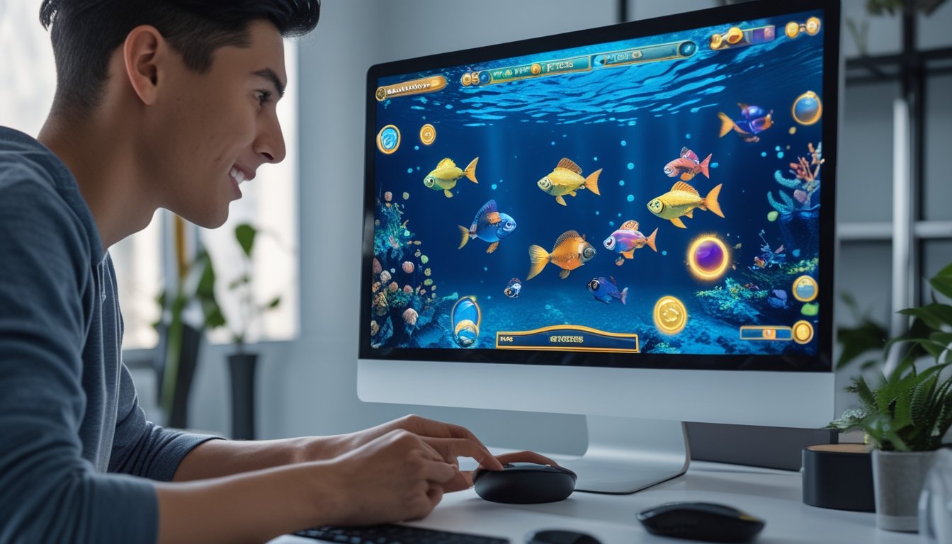 Seseorang sedang bermain permainan tembak ikan online di komputer dengan latar belakang layar menampilkan ikan-ikan berwarna-warni di bawah laut.