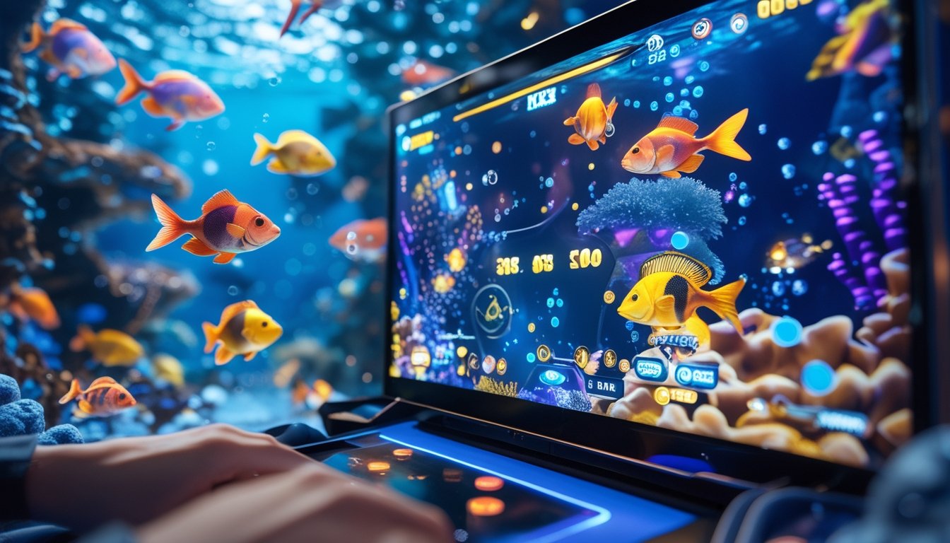 Layar permainan menampilkan ikan-ikan berwarna-warni di bawah air dengan konsol permainan modern di depan.