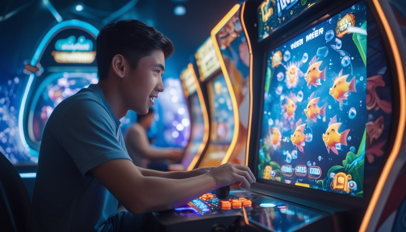 Seorang pemain muda sedang fokus bermain game tembak ikan di mesin arcade dengan latar bawah laut yang penuh ikan berwarna-warni dan efek power-up yang menyala.