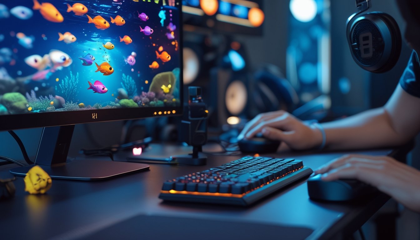 Seorang pemain sedang bermain game tembak ikan di komputer dengan tampilan grafis ikan berwarna-warni dan ikon power-up di layar.
