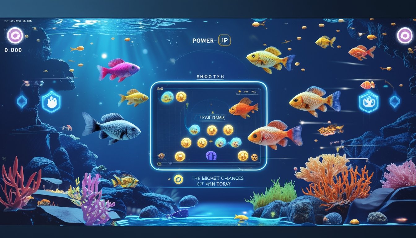Gambar bawah laut digital dengan ikan warna-warni dan ikon power-up dalam permainan menembak ikan.