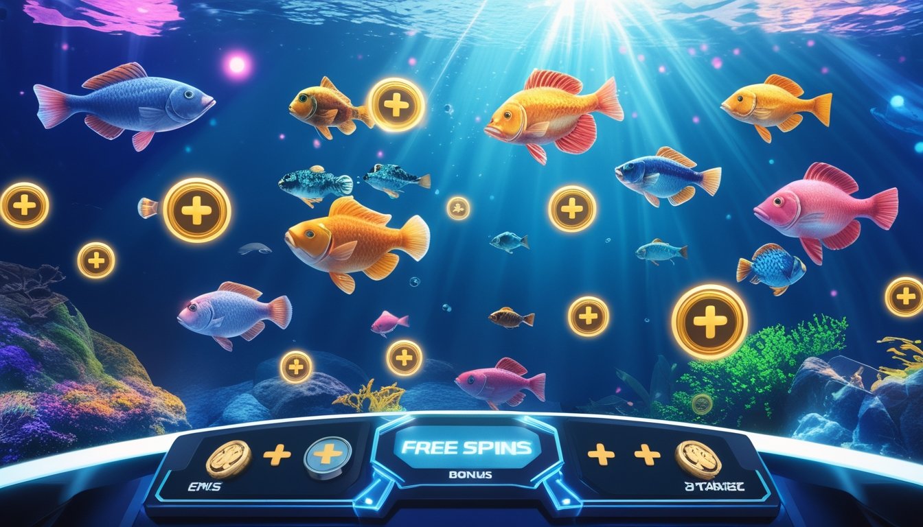Adegan bawah laut dengan ikan berwarna-warni dan ikon power-up dalam permainan tembak ikan yang menarik.