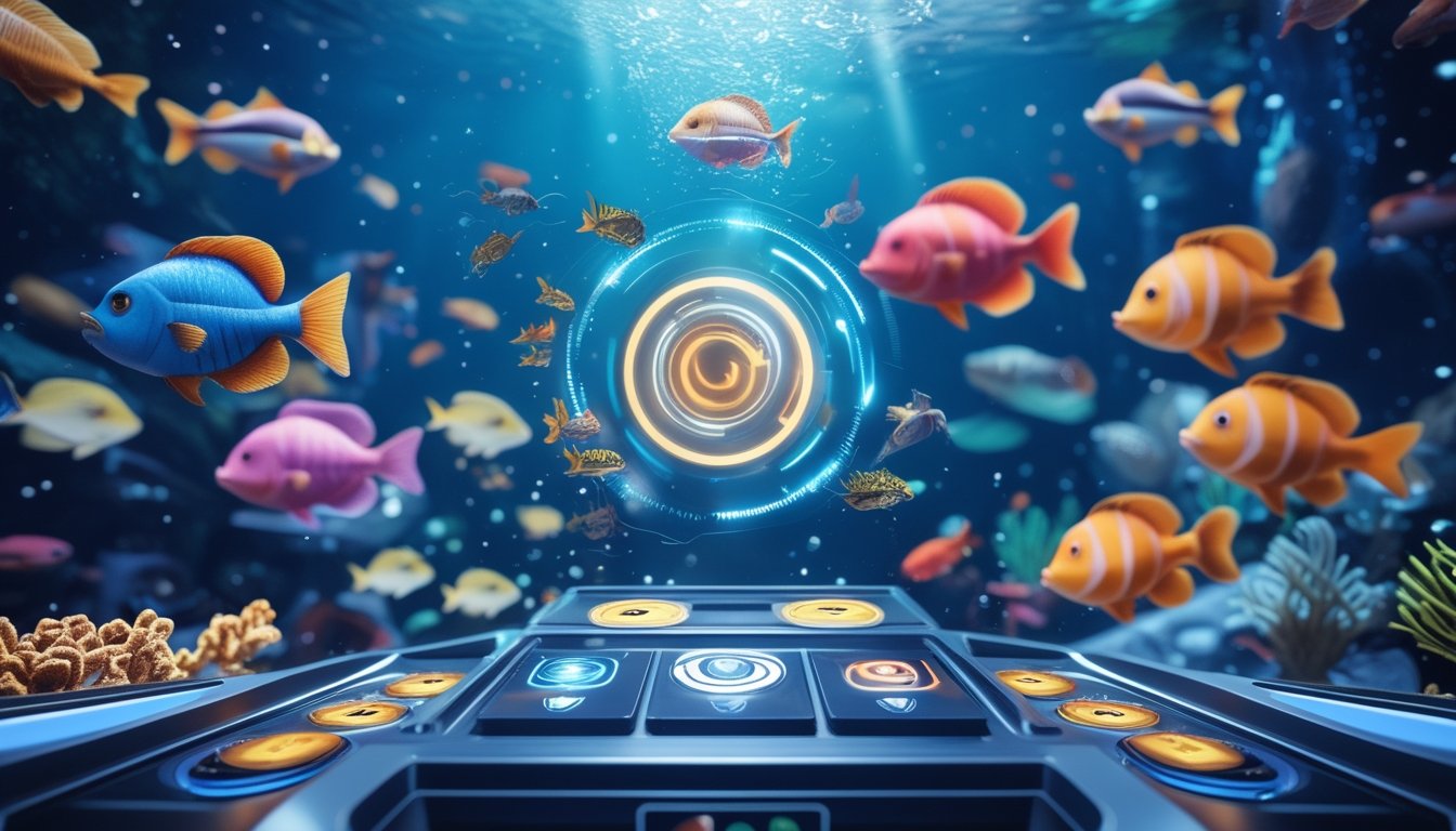 Suasana permainan tembak ikan dengan latar bawah laut berwarna-warni dan antarmuka permainan modern yang menampilkan ikon power-up dan elemen putaran gratis.