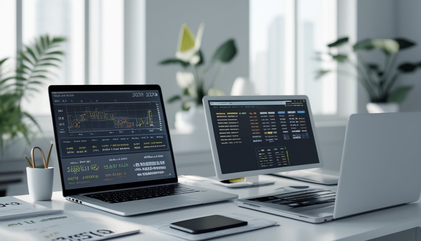 Meja kerja modern dengan perangkat digital yang menampilkan data dan grafik, di lingkungan kantor yang terang dan rapi.