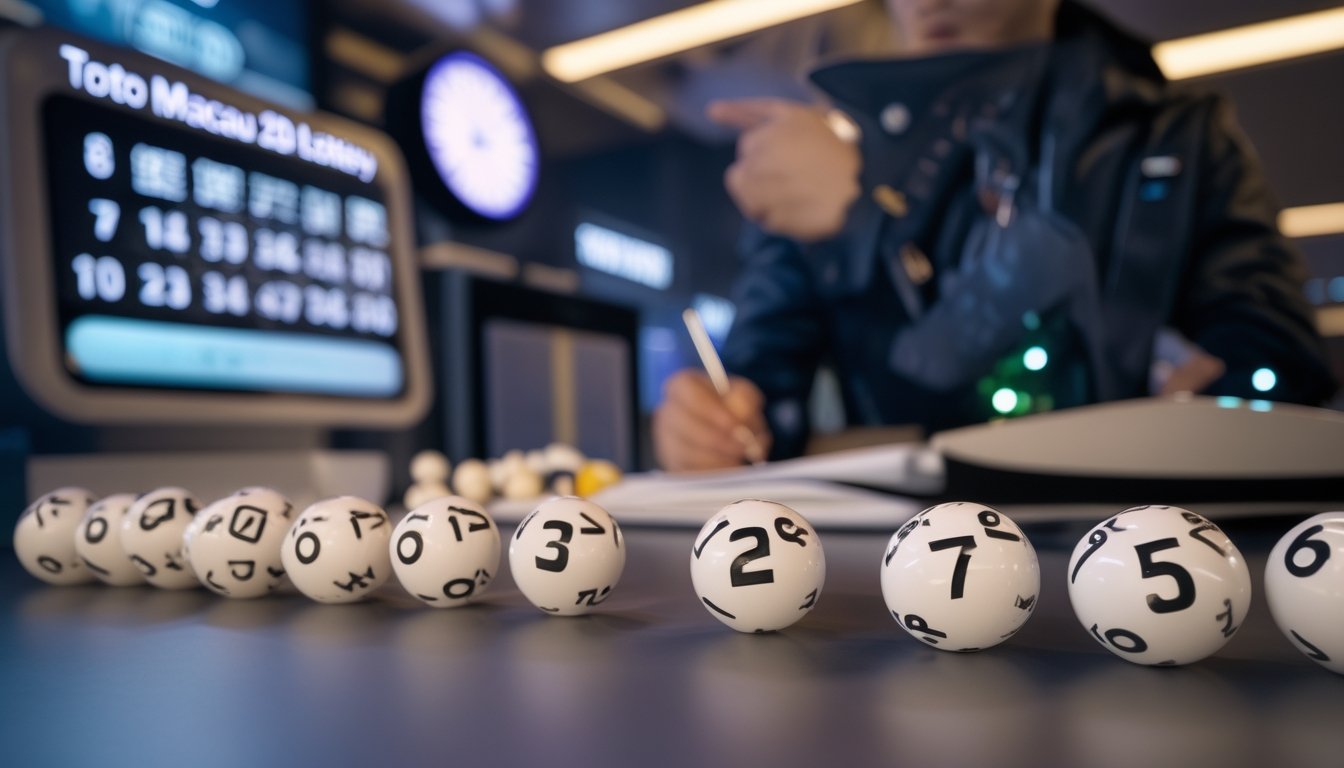 Meja permainan dengan bola lotere bernomor dan seseorang sedang mencatat hasil keluaran Toto Macau malam hari.
