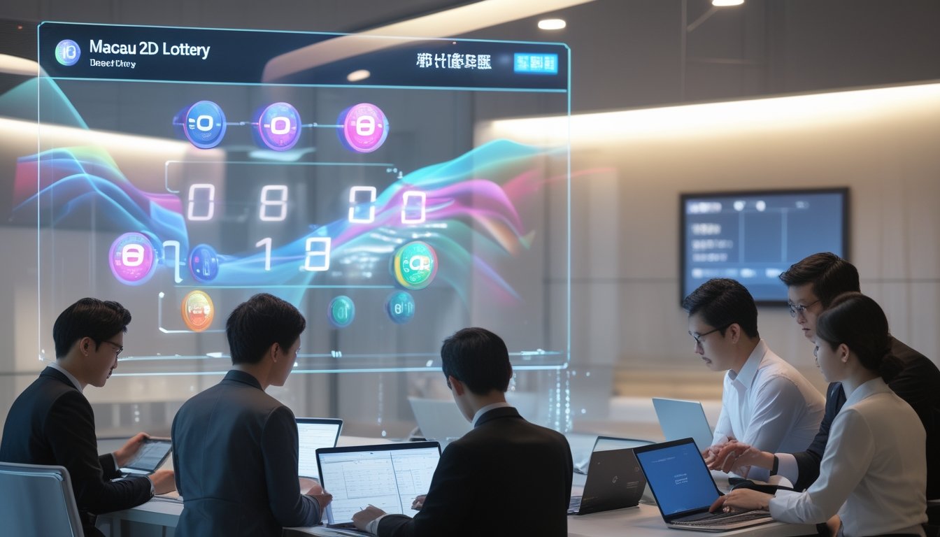 Seorang profesional sedang menganalisis data undian lotere Macau 2D menggunakan perangkat digital di kantor modern.