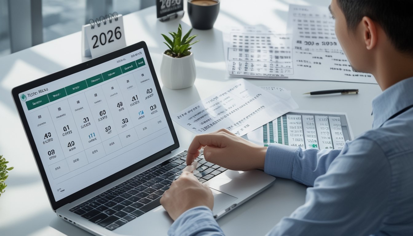 Meja kerja modern dengan laptop, kertas berisi data dan simbol shio, serta kalender tahun 2026, menggambarkan analisis prediksi lotere Macau.