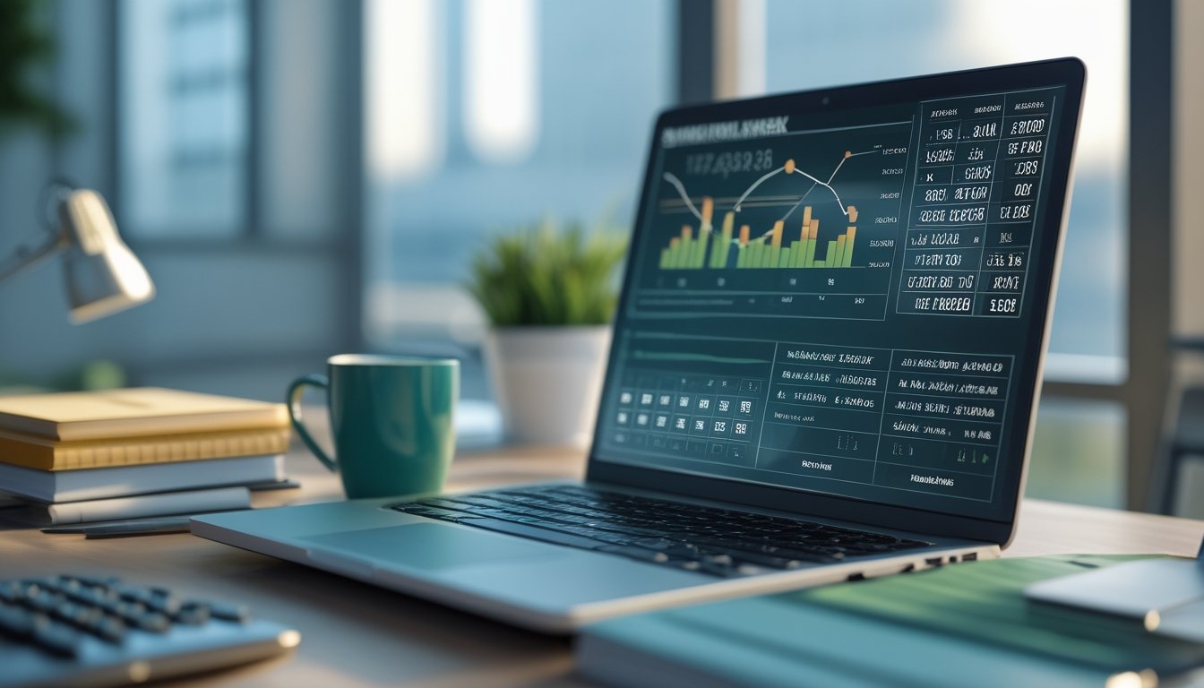 Meja kerja dengan laptop yang menampilkan grafik dan angka, dikelilingi oleh buku catatan, kalkulator, dan secangkir kopi di sebuah ruang kantor yang terang.