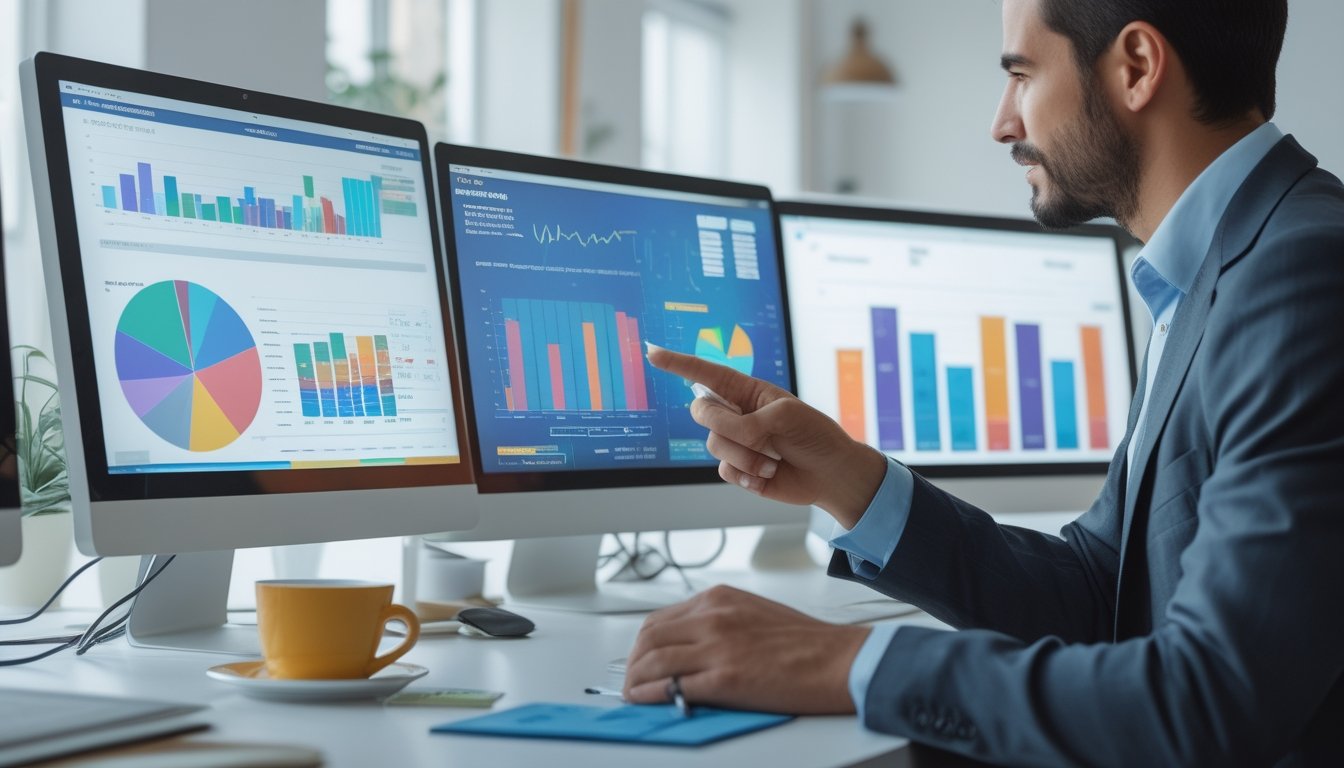 Seorang profesional sedang bekerja di depan komputer dengan grafik dan data keuangan di layar dalam ruangan kantor yang terang.