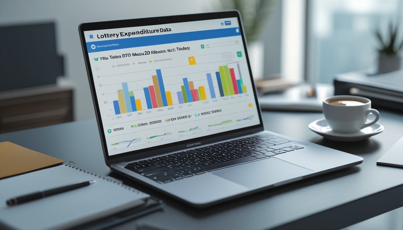Seorang profesional sedang bekerja di depan laptop dengan grafik dan data pengeluaran togel 2D di layar, di atas meja terdapat buku catatan dan secangkir kopi.