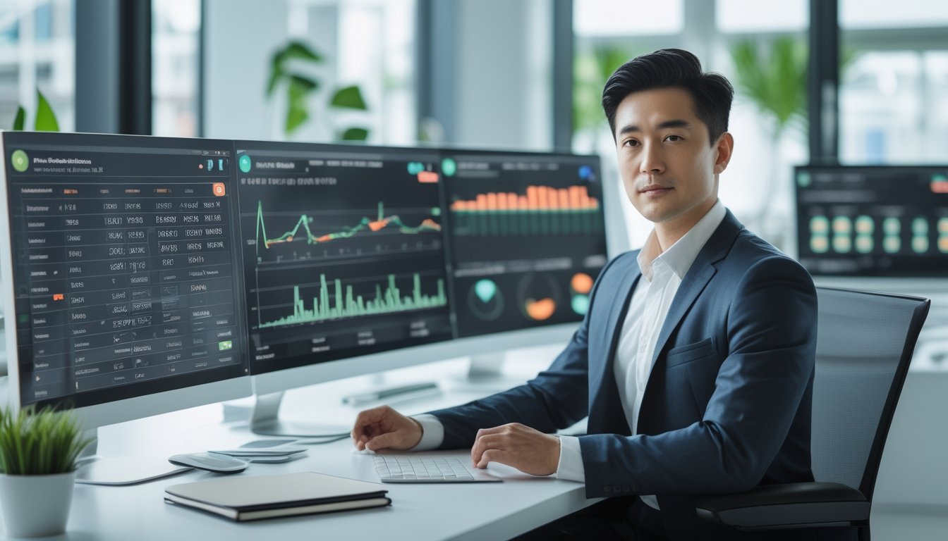 Seorang pria Asia muda sedang bekerja di depan komputer dengan data dan grafik di kantor modern yang terang dan rapi.