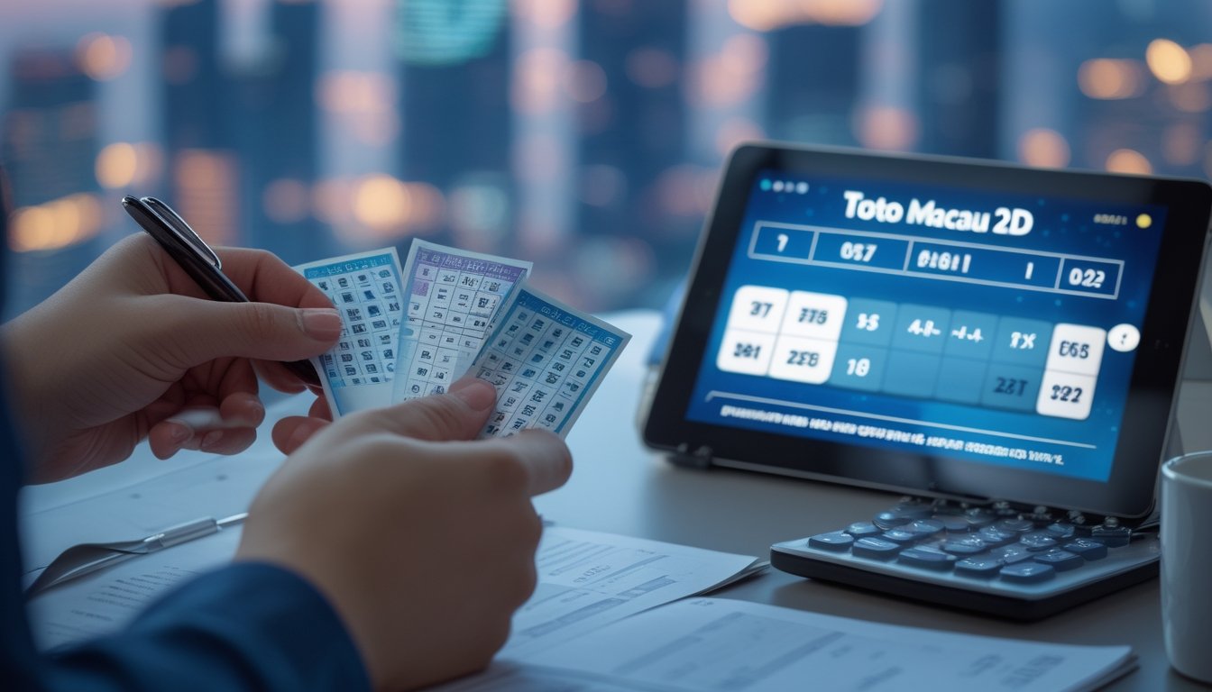 Tangan seseorang memegang tiket lotere dan pena di atas meja dengan tablet yang menampilkan prediksi permainan Toto Macau 2D, latar belakang kota Macau yang samar terlihat.