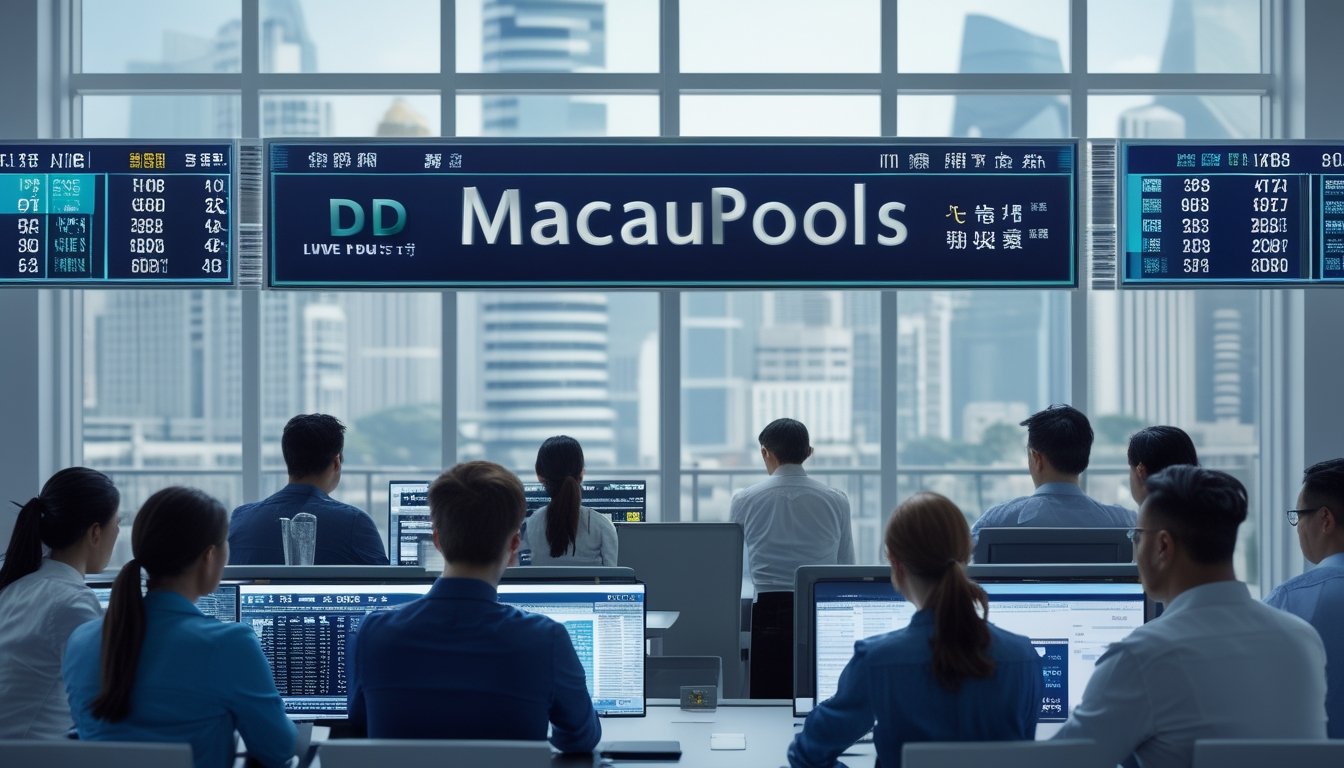 Suasana kantor modern dengan beberapa orang yang sedang melihat layar komputer menampilkan hasil lotere secara langsung, dengan pemandangan kota Macau di latar belakang.