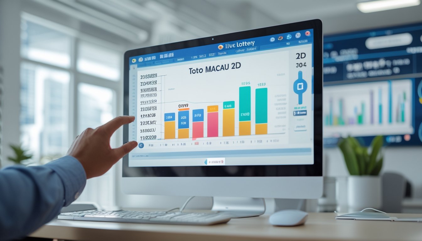 Seorang individu sedang menggunakan komputer dengan layar menampilkan hasil undian Toto Macau 2D secara langsung di sebuah kantor yang rapi dan terang.