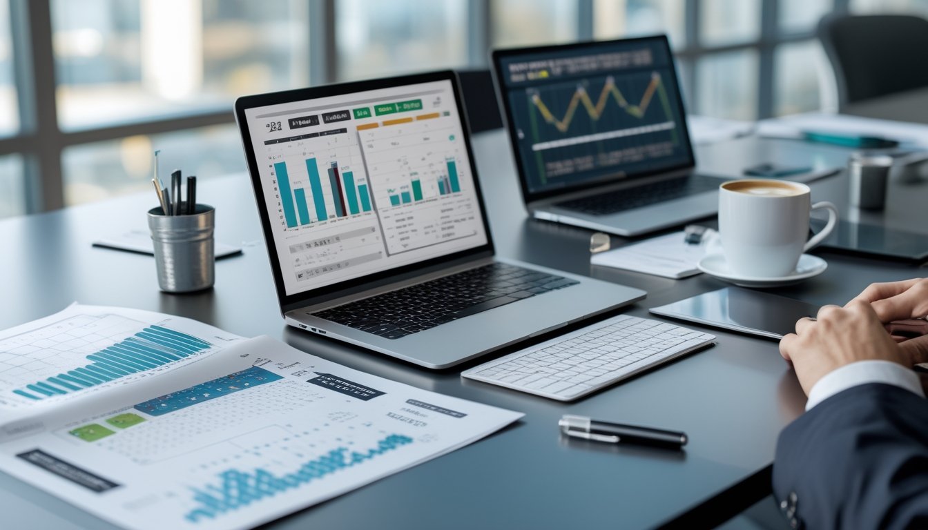 Meja kerja dengan perangkat digital dan kertas berisi grafik dan rumus prediksi angka, di ruang kantor yang terang dan rapi.