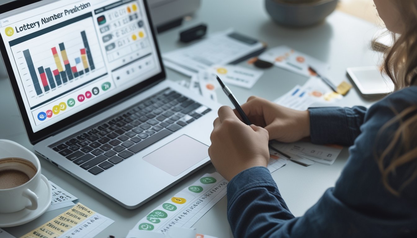 Seseorang sedang menganalisis data angka lotere di meja kerja dengan laptop, tiket lotere, dan catatan di sekitarnya.