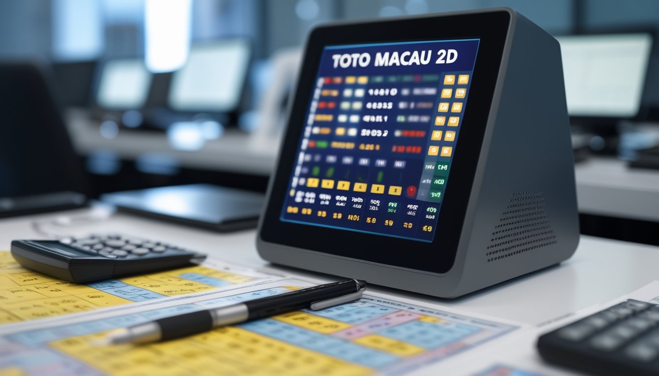 Suasana meja kerja dengan perangkat digital dan alat tulis yang menunjukkan aktivitas analisis angka untuk permainan Toto Macau 2D.