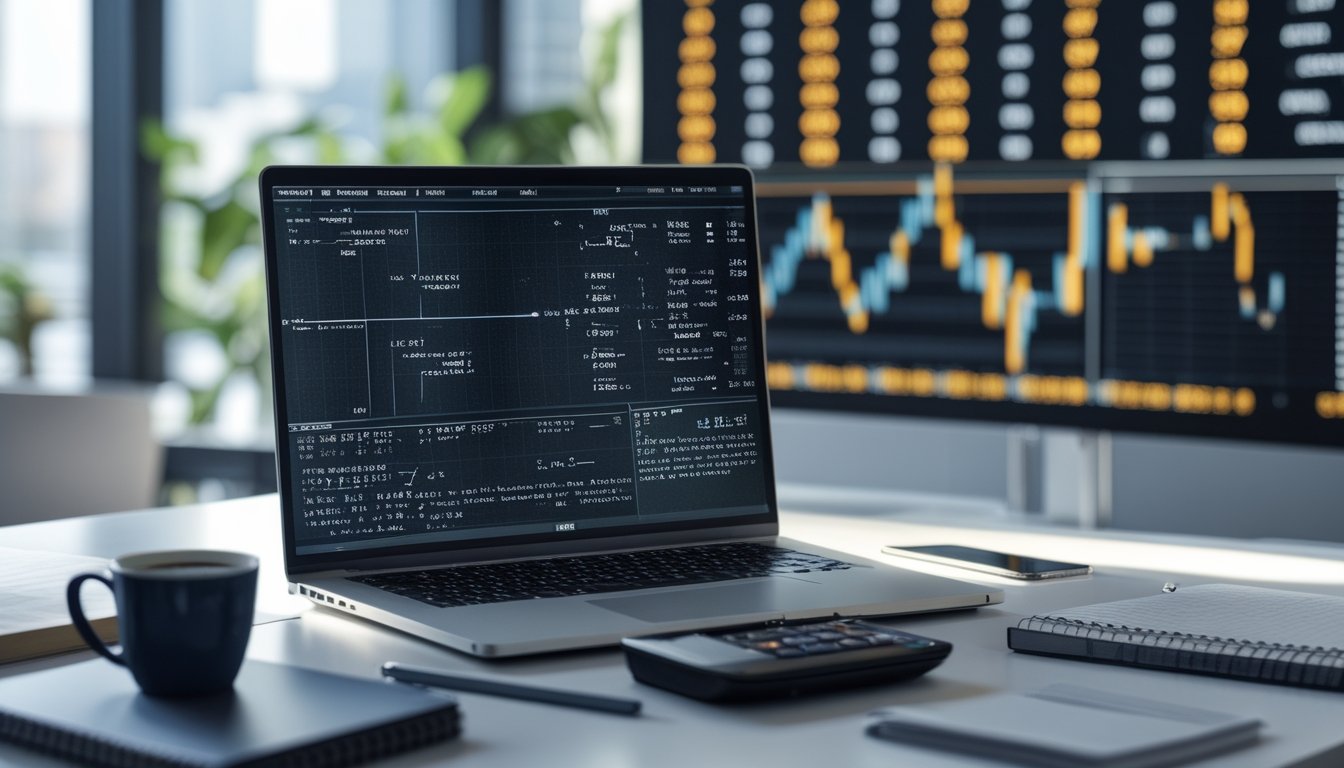 Meja kerja modern dengan laptop, kalkulator, dan catatan yang menunjukkan analisis matematika dan prediksi angka.