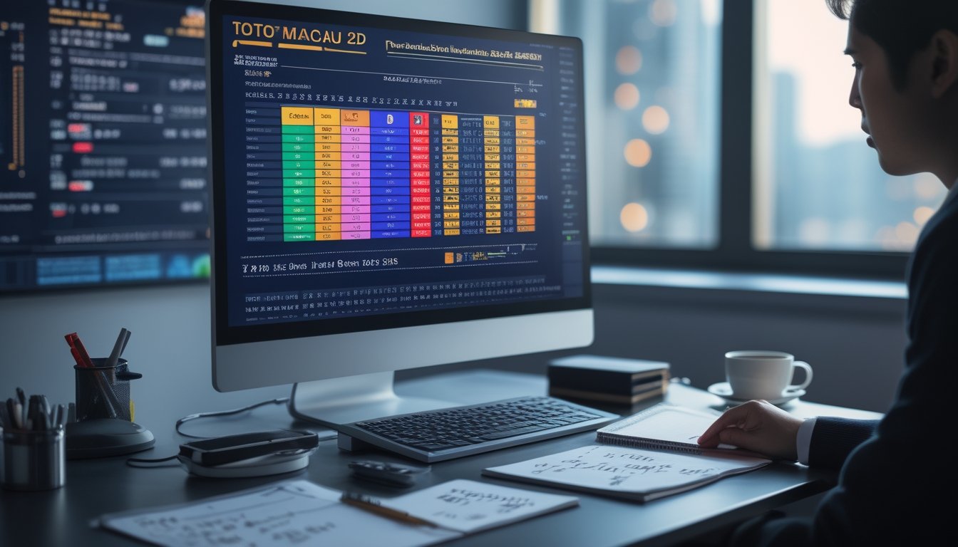 Meja kerja dengan komputer yang menampilkan data dan grafik, buku catatan dengan rumus matematika, kalkulator, dan secangkir kopi.