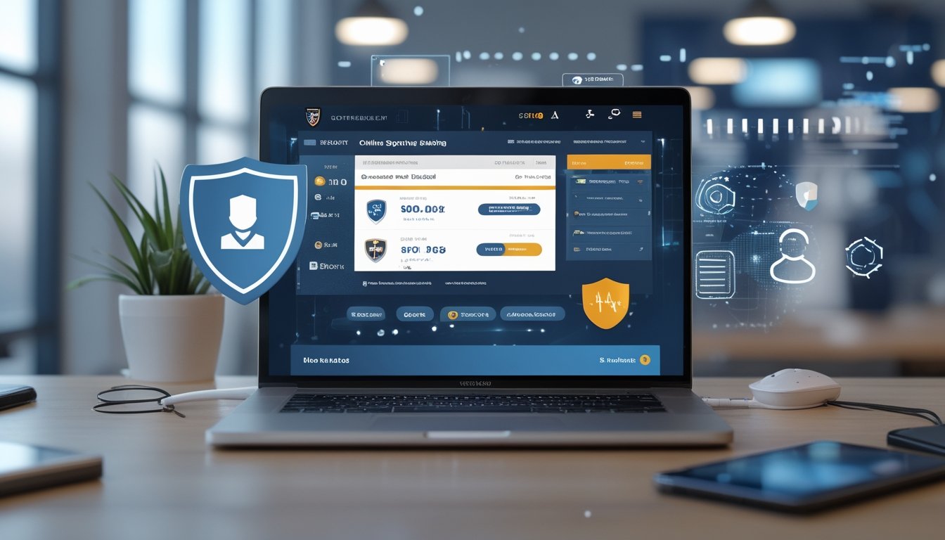 Seorang pria menggunakan laptop di meja kerja modern, menampilkan situs taruhan bola online dengan grafik dan ikon yang menunjukkan kepercayaan dan bonus besar.