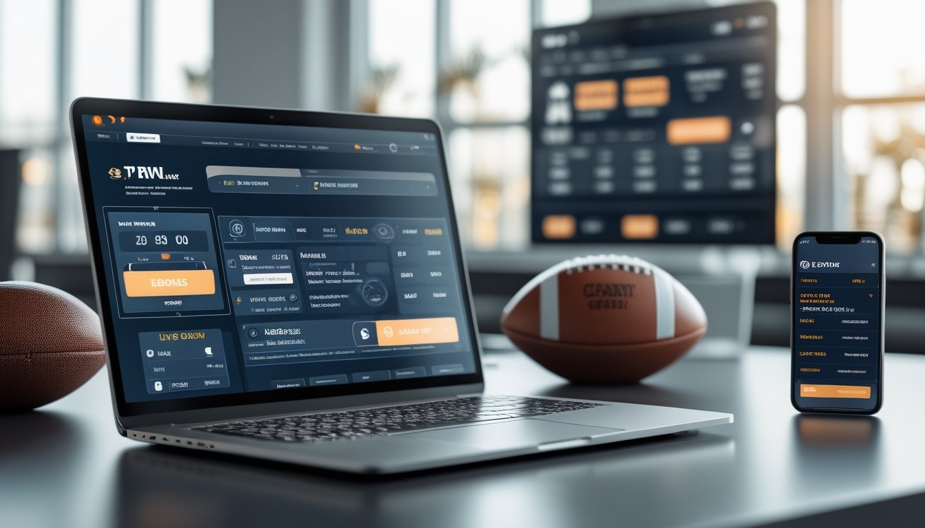 Seseorang menggunakan laptop dengan tampilan situs taruhan bola online, dikelilingi bola sepak dan ponsel dengan pembaruan taruhan langsung.